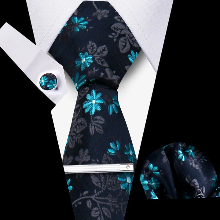 Tie For Men Business Luxury Fashion Necktie Navy Blue 4pcs Set Tie Clip Cufflinks Pocket Square Wedding Suit Accessories Gravata