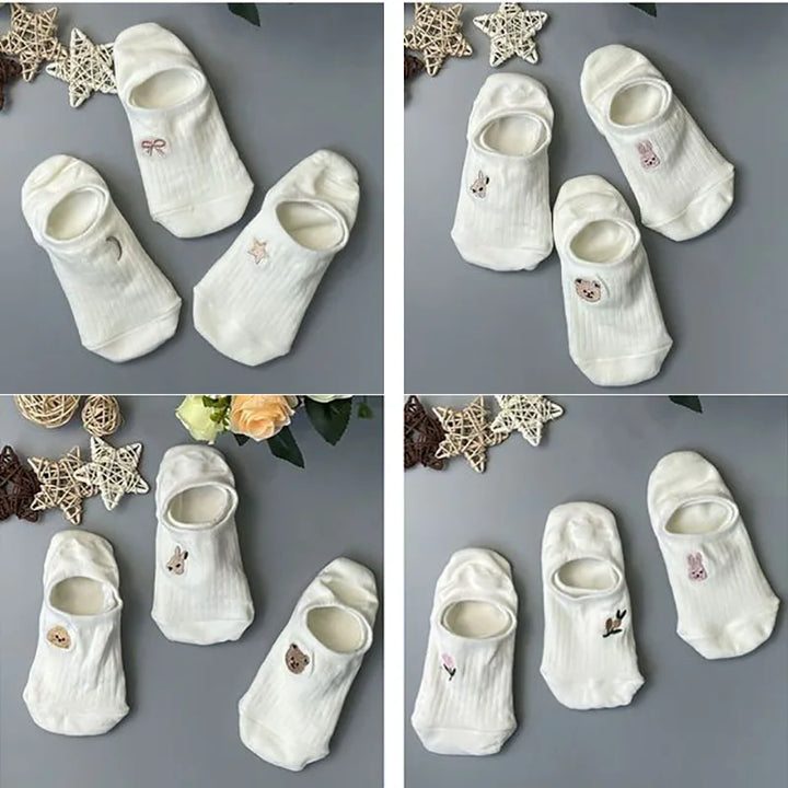 Socks Set 10 Pairs Toe Socks Women's Cotton Ankle Stockings Summer Breathable Versatile White Socks Cute Cartoon Pattern