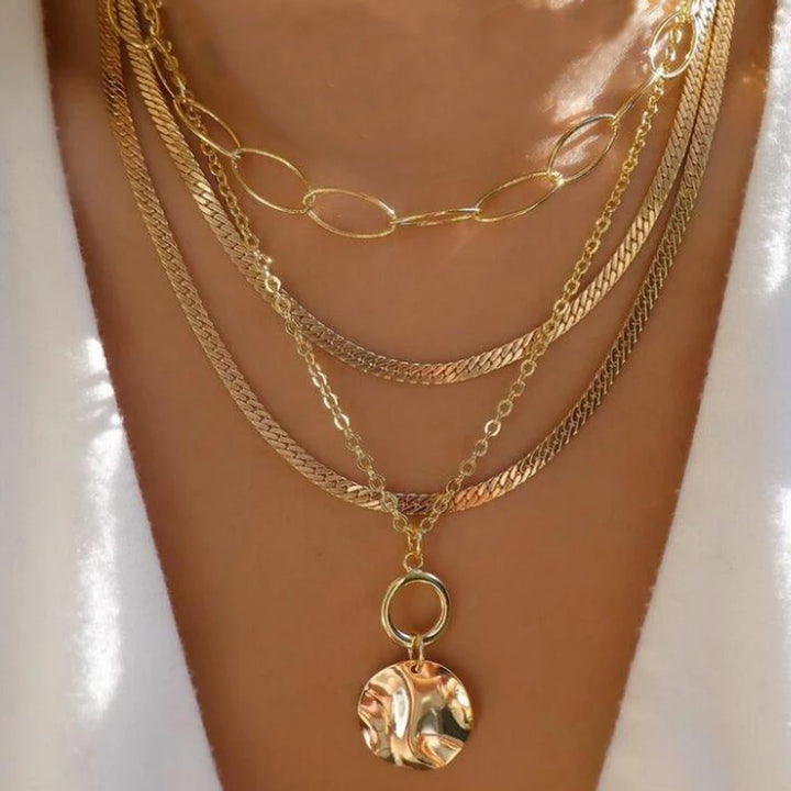 Gold Pendant Necklace Set – Trendy Boho Multi-Layer Crystal Jewelry for Women