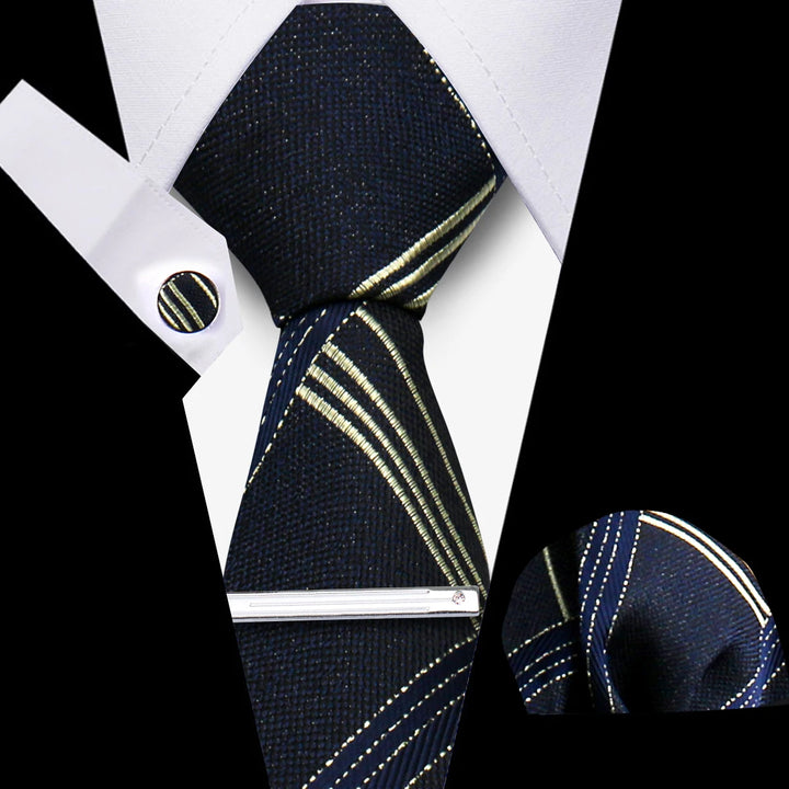 Tie For Men Business Luxury Fashion Necktie Navy Blue 4pcs Set Tie Clip Cufflinks Pocket Square Wedding Suit Accessories Gravata