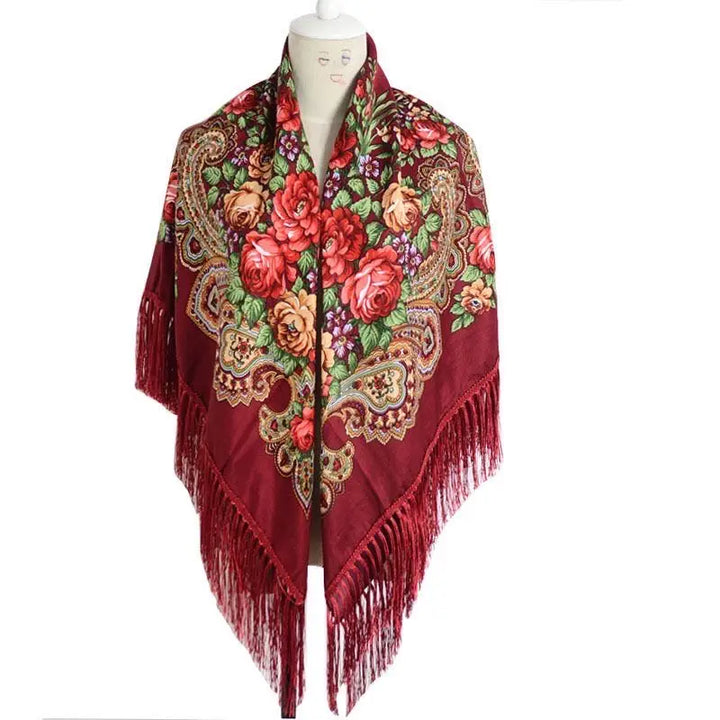 Russian Floral Head Wrap – Fringed Square Travel Shawl for Women