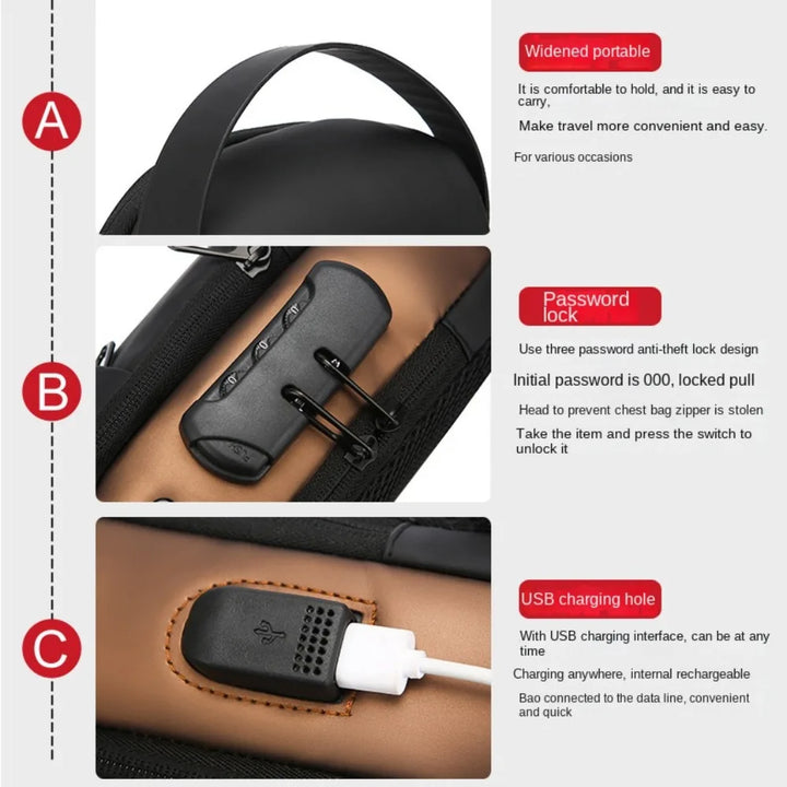 Unisex PU Leather Anti Theft Chest Bag Large Capacity USB Charging Travel Sling Chest Bag Waterproof Crossbody Bag Unisex