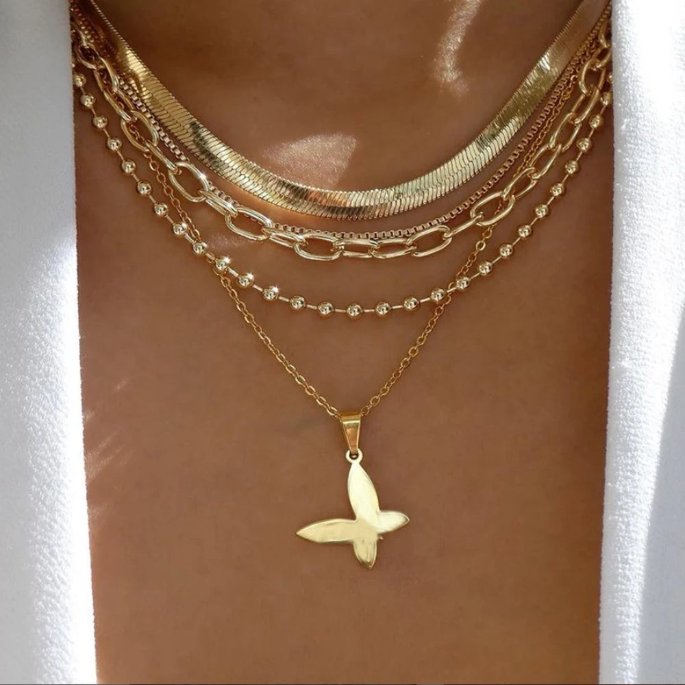 Gold Pendant Necklace Set – Trendy Boho Multi-Layer Crystal Jewelry for Women
