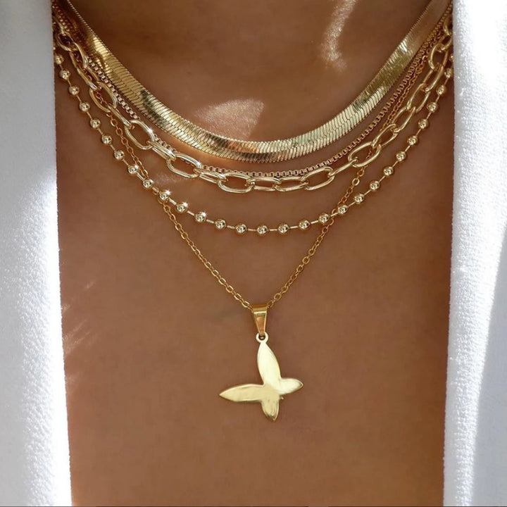 Gold Pendant Necklace Set – Trendy Boho Multi-Layer Crystal Jewelry for Women