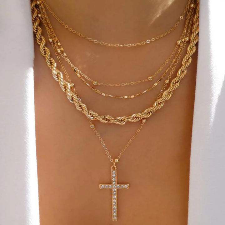 Gold Pendant Necklace Set – Trendy Boho Multi-Layer Crystal Jewelry for Women