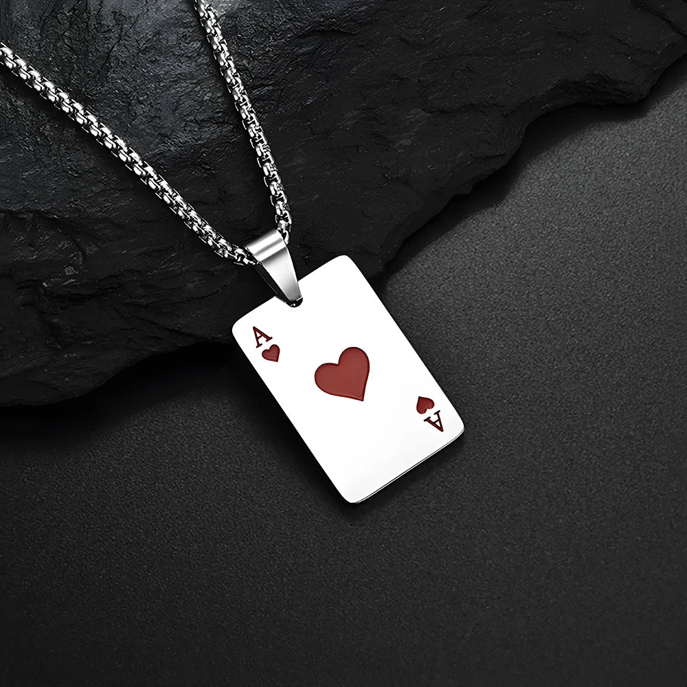 . Poker Ace Card Necklace – Spades & Hearts Hip Hop Chain for Men