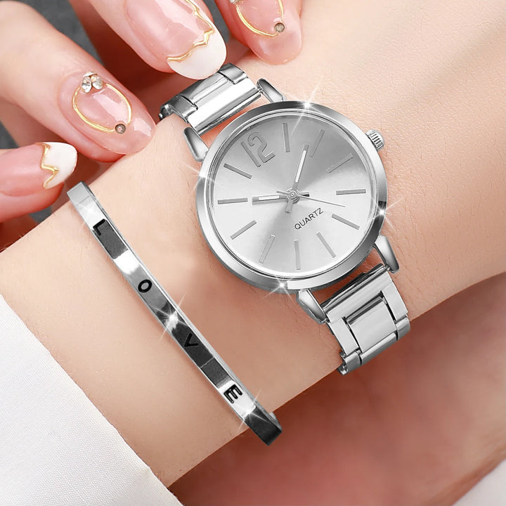 Chic Women’s Watch Set – Simple Quartz Steel Strap & Love Bracelet