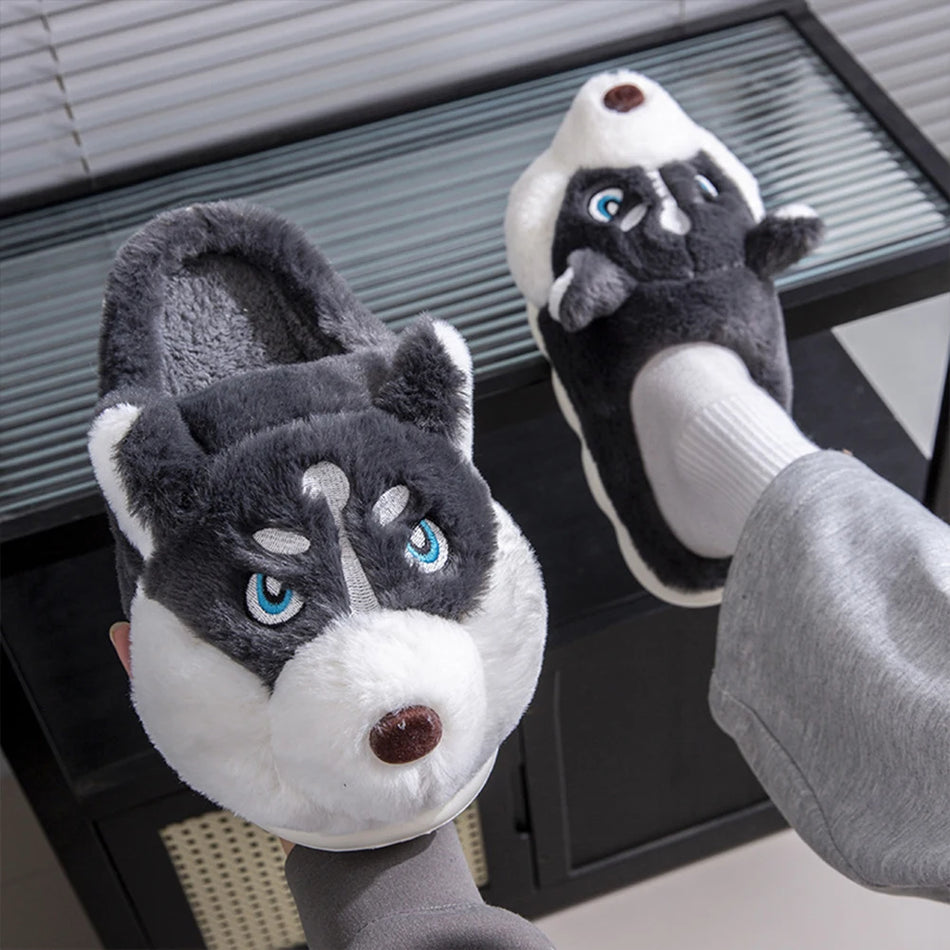 Plush Husky Slippers Cartoon Animal Slippers Anti Slip Slip-on House Shoes Comfortable Fuzzy Dog Slippers Cute for Autumn Winter