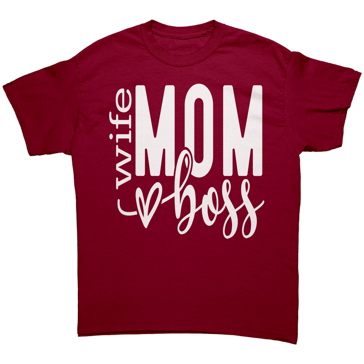 Wife_Mom_Boss_Unisex_Gildan_T-shirt_Cardinal_Red_Front_Mockup.png