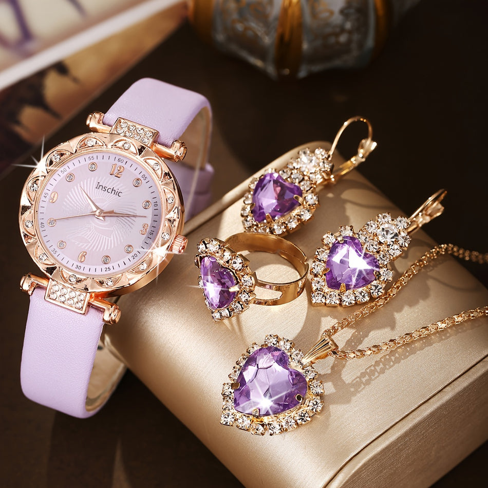 A fashionable lady's -encrusted watch quartz watch + 4pcs set of love jewelry set